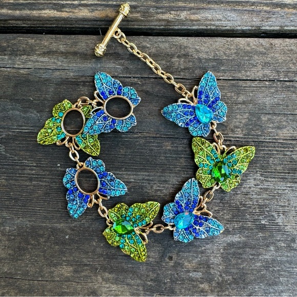 Green & Blue Sparkly Butterfly Gold Tone Rhinestone Crystal Adjustable Bracelet - Picture 12 of 12